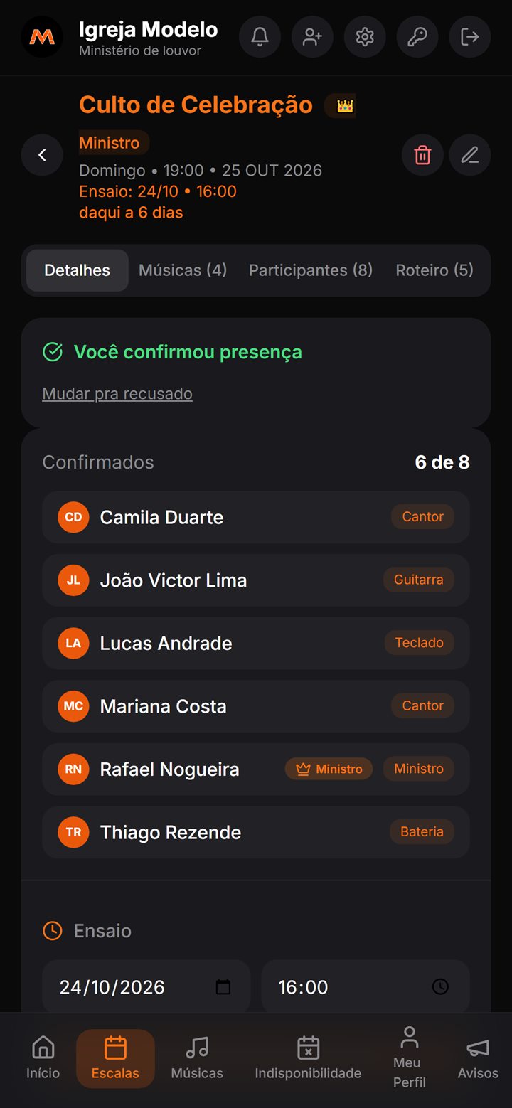 Escala do Culto de Celebração com 6 de 8 integrantes confirmados