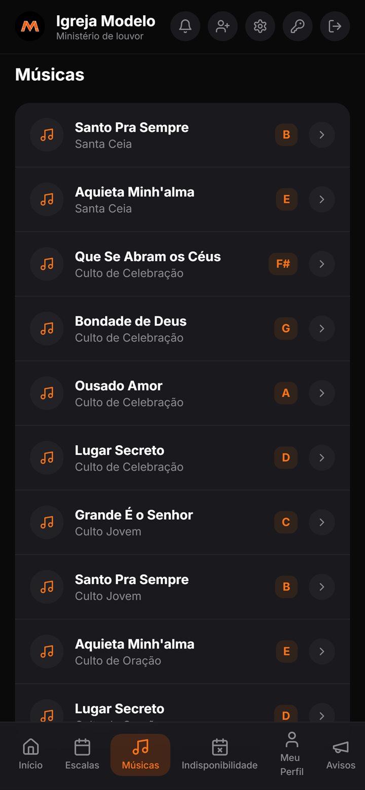 Repertório no Ministre com o tom de cada música